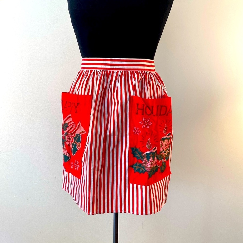 Vintage Christmas apron happy holiday printed stripes red white large pockets